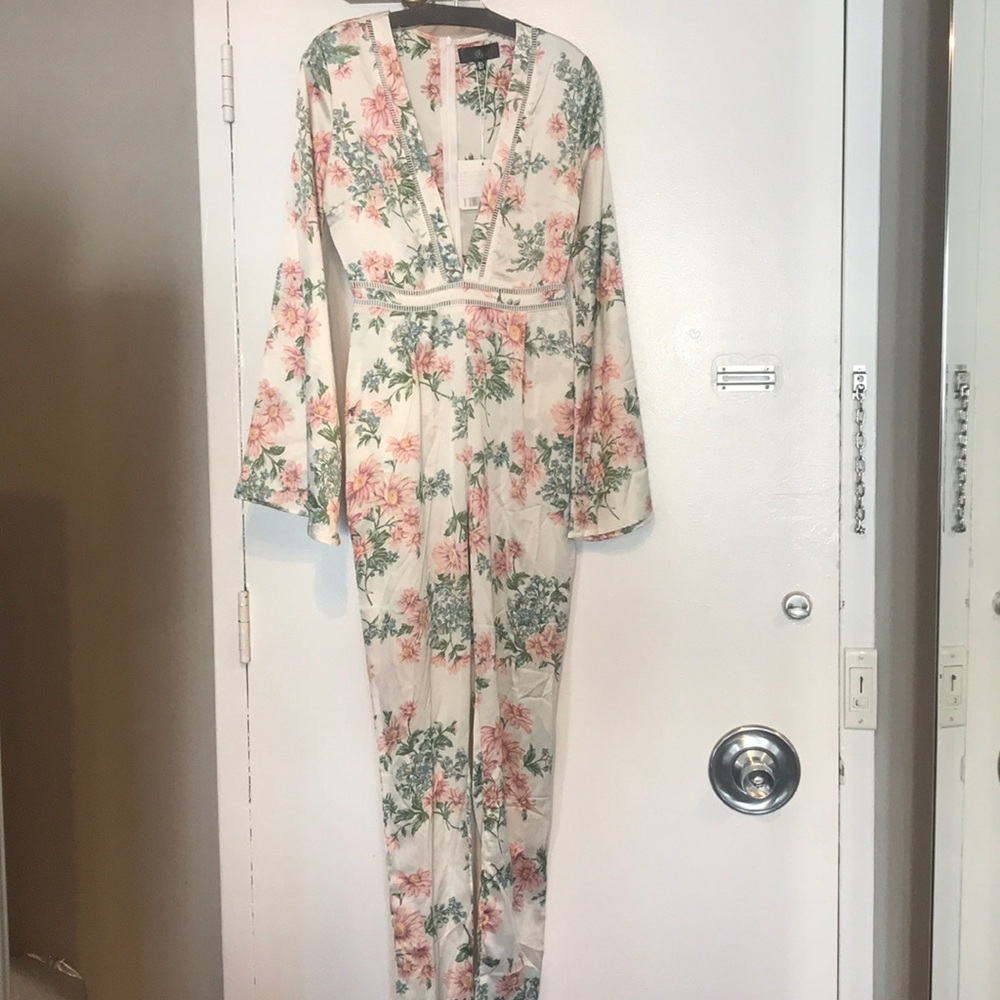 Plunging floral satin jumpsuit!!